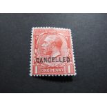 Stamps - GB George V 1912 1d Vermilion, wmk Royal Cypher, "Cancelled" overprint type 24, unmounted