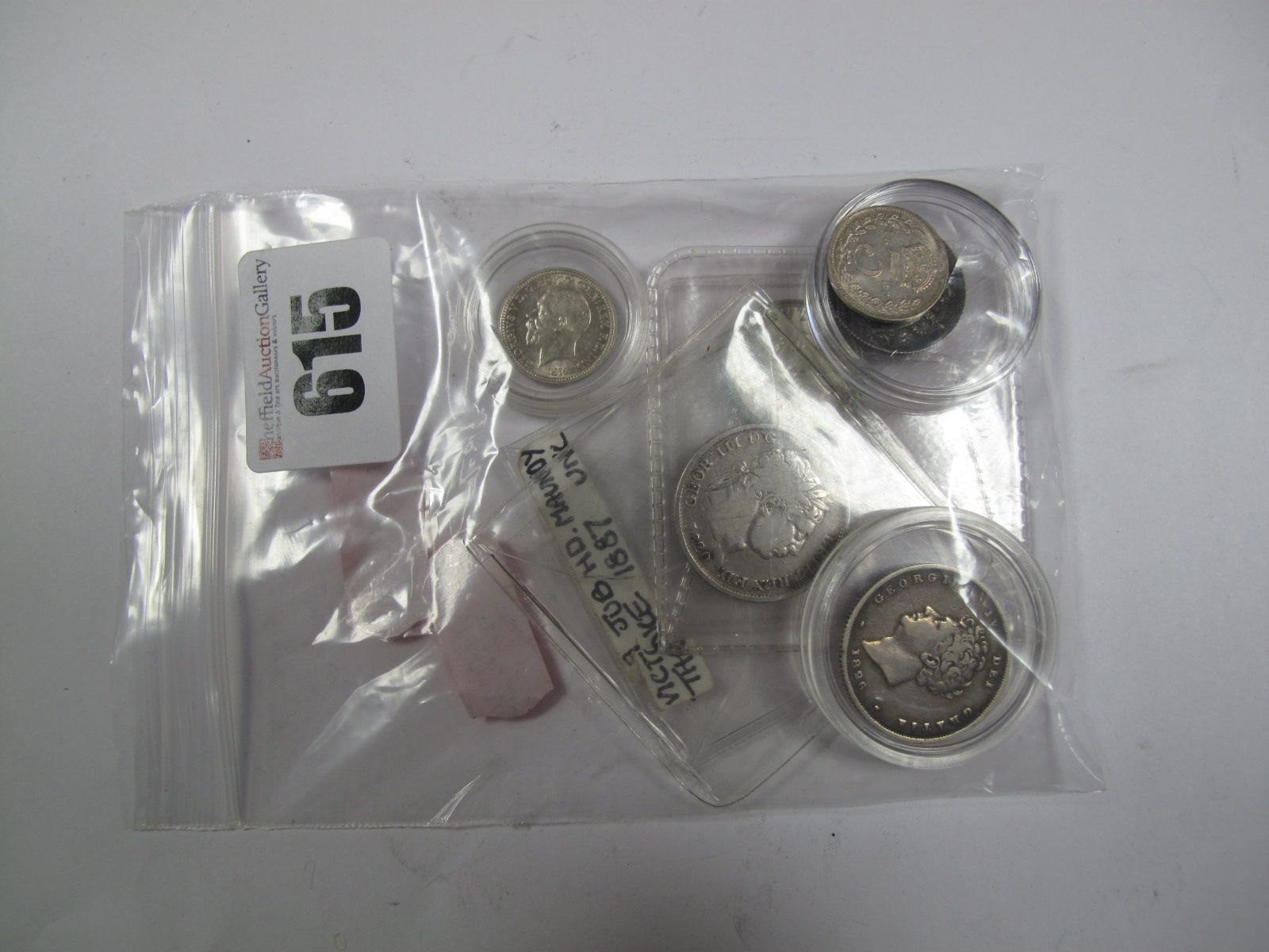 Shillings: 1820 (NF/F) and 1826 (NF/F). Sixpences: 1887 (JH) (GF), 1897 (GF but tarnished) and