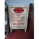 A Wooden Post Office A-Board for Kilburn (North Derbyshire), advertising various services. Painted