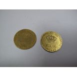 Denmark Gold 12 Marks, 1758 and 1762. Both coins are F/NVF, the 1762 coin has a weak strike on its