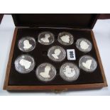 Queens of the British Isles. A collection of nine silver medals by the Birmingham Mint. In fitted