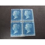 G. B Victoria 2 Pence Blue S. G. 47 Plate 13 Mounted Mint Block of 4. Watermark large crown, park O.