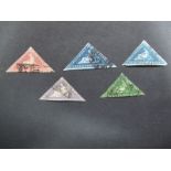 Cape of Good Hope Triangles 1858 S. G. SA Rose, 7 lilac, 8 yellow green, 19 deep blue and 19A blue