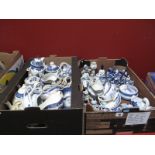 A Quantity of Blue and White Transfer Printed Teapots, coffee pot, sauce boats, bachelor's teapot,