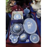 A Wedgwood Jasperware Bowl and Cover, (boxed), Jasperware oval plaque, ashtray, vase, pin dishes,