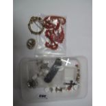Coral Necklace, folding comb, brooches, rings, mother of pearl gaming counter, cufflinks etc.