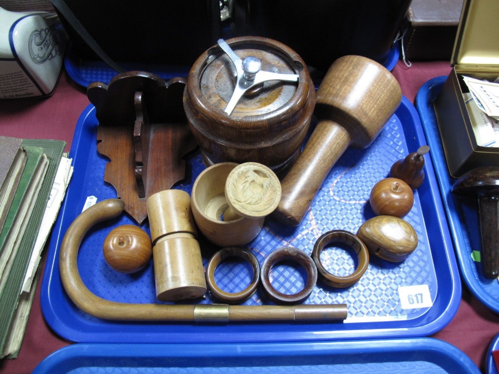 A Sycamore Butter Press, needle holder, fruit wood implements, oak tobacco jar, etc.