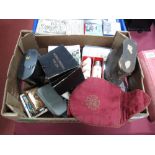 Two Church Collection Pouches, binoculars, stereoscope and cards, enamel sailing badges, pottery