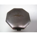 A Silver Hallmarked RAF Powder Compact, Birmingham 1939, of cushioned octagonal form, engine