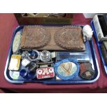 A Heavily Carved Indian Hardwood Adjustable Book Trough, tins, Boudoir razor, blazer badge, etc:-