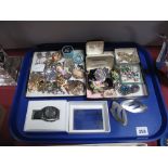 Assorted Costume Jewellery, including wristwatch, brooches, chains, rings, beads etc :- One Tray