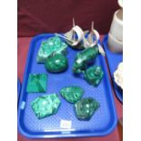A Collection of Malachite Decoration Items, including two sailing ships, elephant, pyramid, egg,