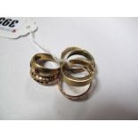 9ct Gold and Other Rings, including 15ct gold three stone ring (damages). (6)