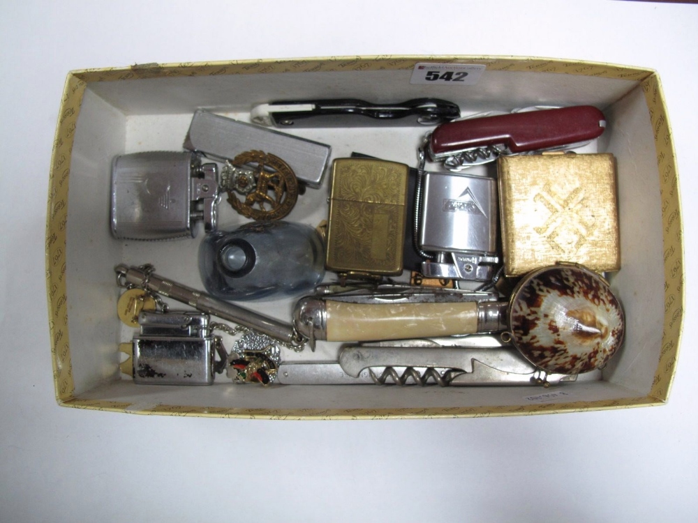 Multi Blade and Other Penknives, lighters, badges, shell purse, scent bottle, compact etc :- One Box