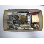 Multi Blade and Other Penknives, lighters, badges, shell purse, scent bottle, compact etc :- One Box