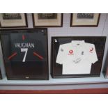 Michael Vaughan Autographs, on a white England Admiral cricket shirt, bearing Vodafone logo and