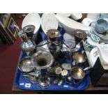 Plated Teapot, candelabra, plated trumpet shaped vase, stirrup cups, etc:- One Tray