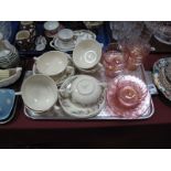 Susie Cooper Soup Bowls and Saucers, "Endon" pattern, and four glass dessert dishes and saucers,