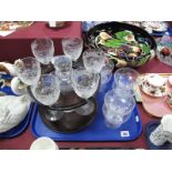 A Decanter and Six Matching Wines, etched and engraved decoration of flowers and foliage, all housed