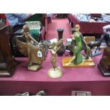 Two Plaster and Art Deco Figures, another similar in soft metal of a nude lady as a mirror stand,