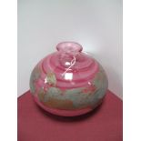 An Art Glass Vase, of compressed baluster form, with pink swirl design fused with silver, signed '