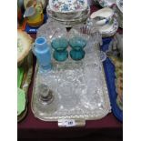 Cut Glass Scent Bottle with hallmarked silver collar (London), cut glass powder bowl, candlesticks