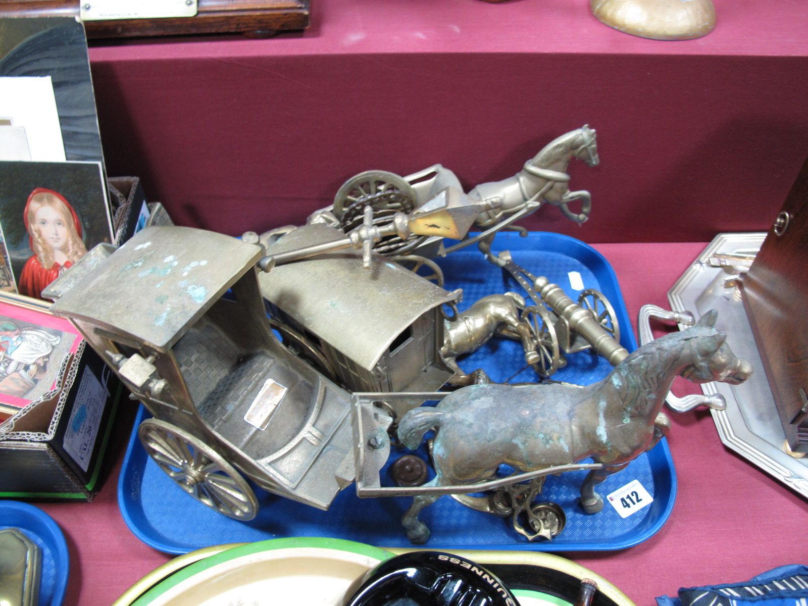 A Cast Brass Model Horse and Carriage, caravan, lamp lighter, horse brasses, canon, etc:- One Tray