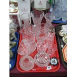 Lead Crystal Vases, jug, posy bowl, Caithness paperweight, caster and other glassware:- One Tray