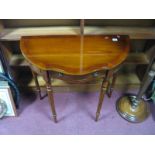 A Reproduction Yew Shaped Demi Lune Side Table, crossbanded top, fitted with single frieze drawer,