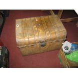 XIX Century Painted Tin Trunk, with two handles, together with linen doilies, etc.