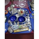 Plated Sugar Bowls, with blue glass, liners, plated bowls, plated ladle, etc:- One Tray