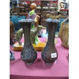 A Pair of Early XX Century Bronze Vases, of pear form, wavy rim, and cast decoration or cranes