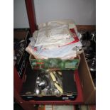 Fiddle Pattern, cutlery, stainless cutlery, linens, etc:- Two Boxes