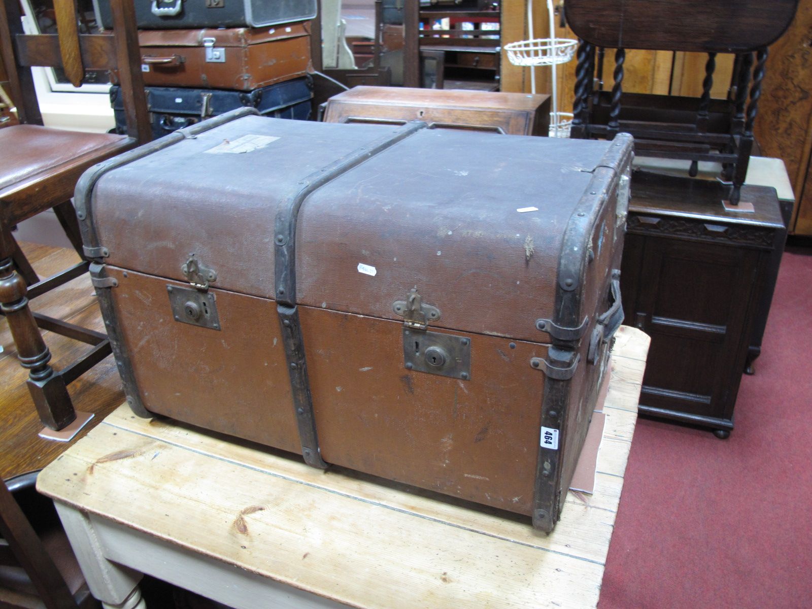 An Early XX Century Ribbed Travel Trunk, with internal tray, showing East Midland Railway sticker.