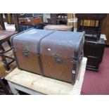 An Early XX Century Ribbed Travel Trunk, with internal tray, showing East Midland Railway sticker.