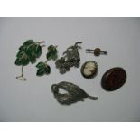Trifari Leaf Spray Brooch, with matching clip earrings, together with marcasite set, oval cameo,