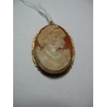 An Oval Shell Carved Cameo Brooch/Pendant, oval collet set, within shaped border.