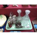 Two Decanters, condiment set, ruby glass sugar caster, coaster, two horn handled implements, etc:-