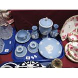 A Collection of Wedgwood Jasperware, including a pair of candlesticks, jar and cover, Christmas