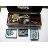 Filigree and Other Brooches, fresh water pearls and rings, contained in a jewellery box.