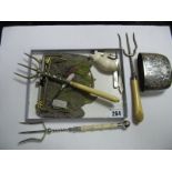 Two Early 1900's Ladies Mesh Evening Bags, mother of pearl penknives, Victorian forks, etc.