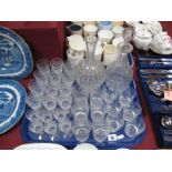 Twelve Sherry, six liqueur, six cut glass tumblers all matching, six tots and decanters:- One Tray