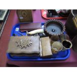 A XIX Century Wooden Coaster, horn beakers, corkscrews, razors, etc:- One Tray