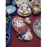 A Royal Crown Derby Paperweight, modelled as a rabbit, gold stopper, and a reproduction model cat in