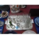 Custard Glasses, wines, rummer, stirrers, gilt overlaid spill vase, etc:- One Tray