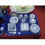 Wedgwood Jasperware, including pin trays, a thimble, mantle clock, commemorative jar and cover,