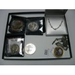 Westminster Collectors Coins, in pouches, curb link watch chain and a necklace.