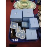 Wedgwood Jasperware, including pin trays, cups, saucers, framed plaques, etc (some boxed):- One