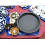 Wedgwood Black Basalt Shallow Bowl, Clews Chameleon finger bowl, Bullers pottery:- One Tray