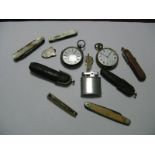 Folding Pocket Knives, (rusty) together with filigree brooch and a lighter and two openface